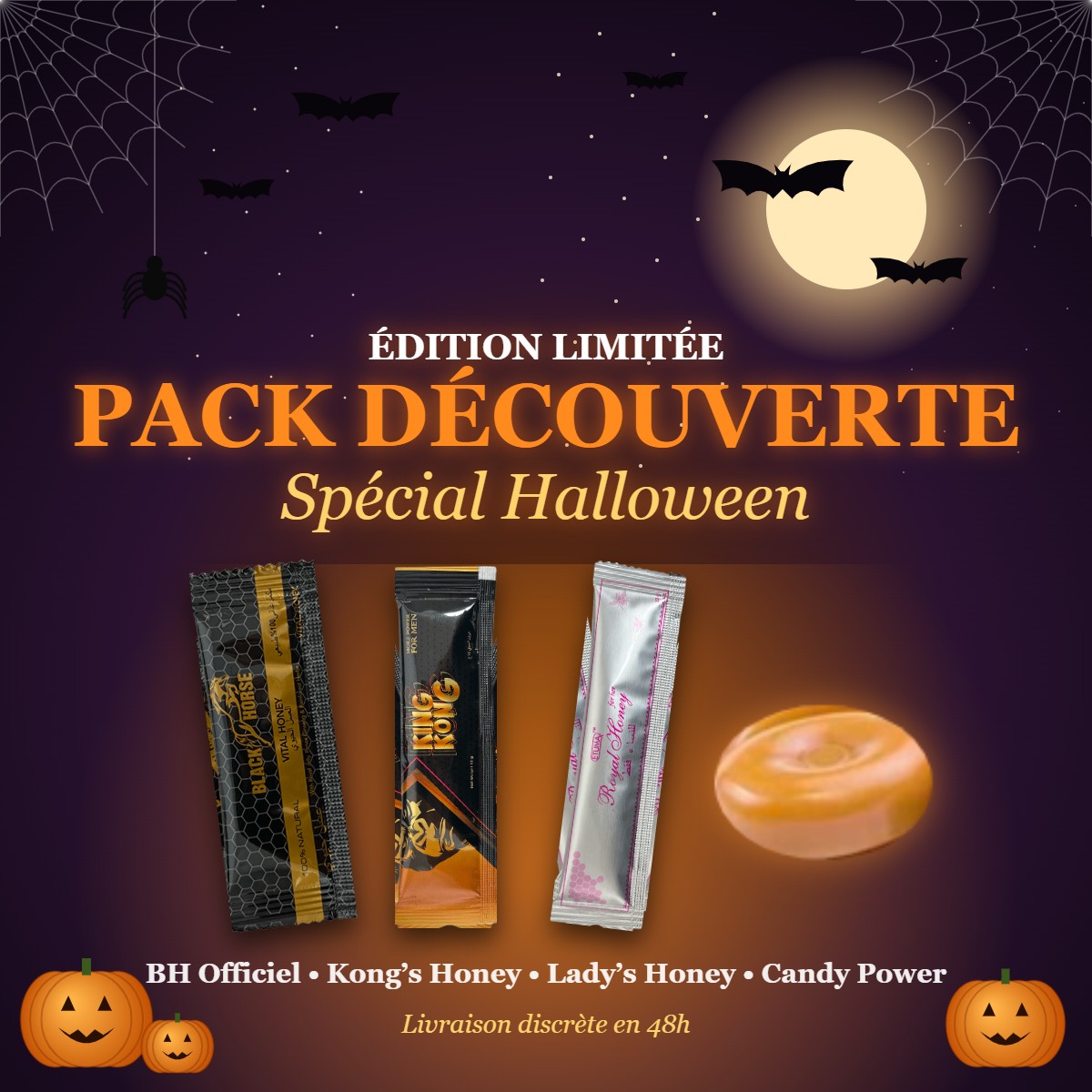Pack Découverte Spécial Halloween : 1 stick BH Officiel, 1 stick Kong's Honey, 1 stick Lady's Honey, 1 bonbon Candy Power